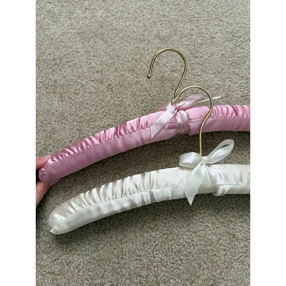 Set of 8 Vintage Satin Padded Hangers Pink & Ivory Gold Tone Bows